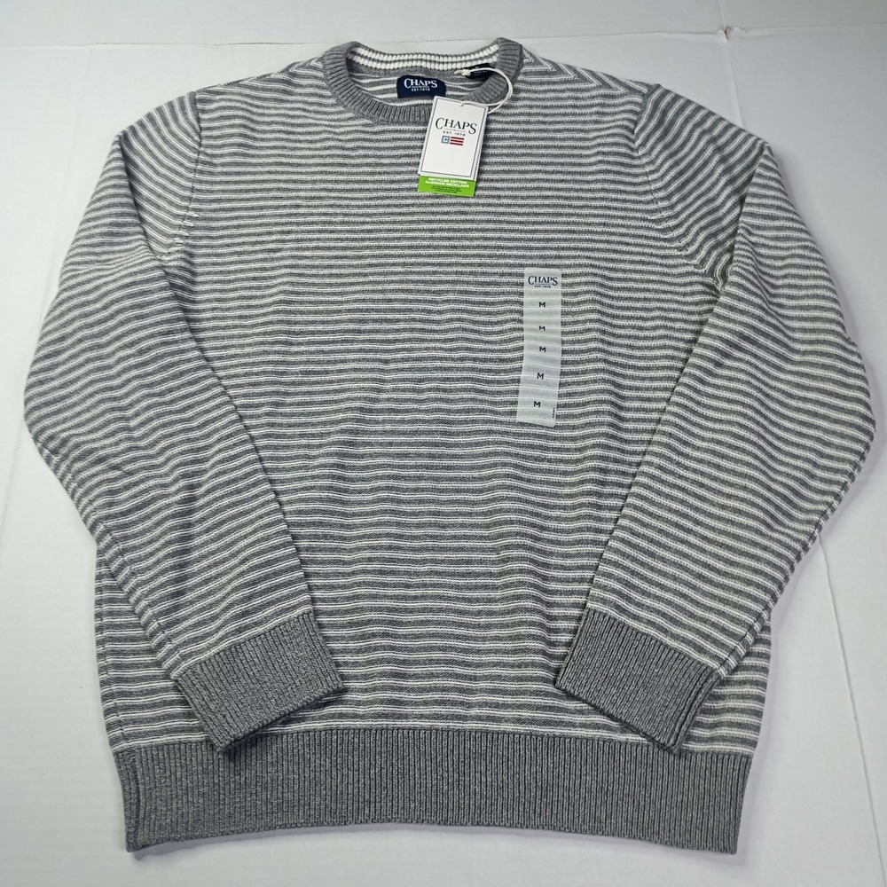 Chaps Crewneck Sweater Men's M Medium Essex Cream Striped Soft Long Sleeve NEW